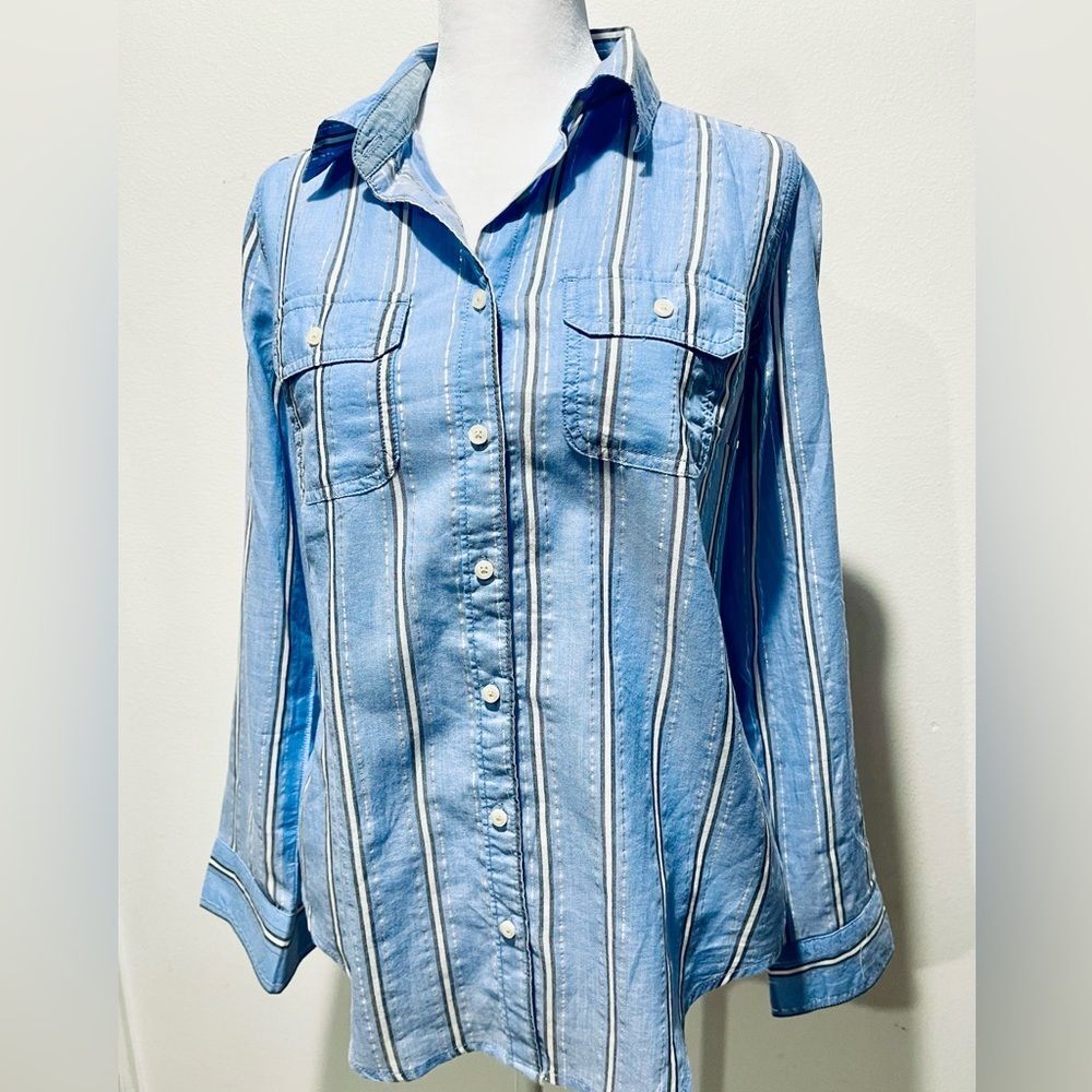 St John’s Bay button up Shirt Silver Blue Stripes casual coastal beach women Sp